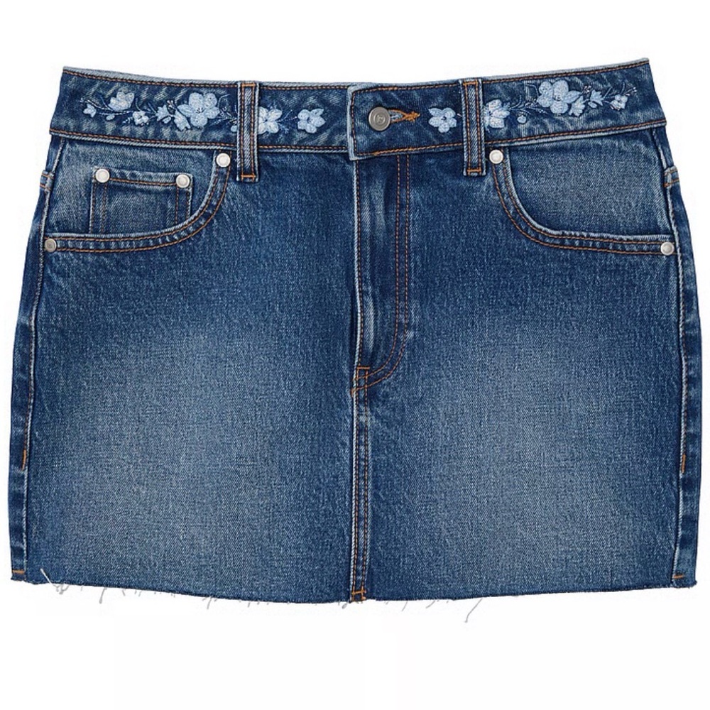 Denim by PINK Victorias Secret Mini Skirt Medium Wash Embroidery Size XS NEW - Picture 2 of 8